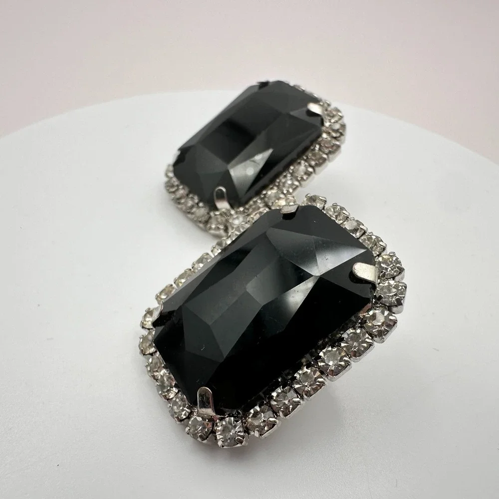 Vintage 90s Silver Tone Black Onyx Clear Rhinestone Stud Earrings Jewelry